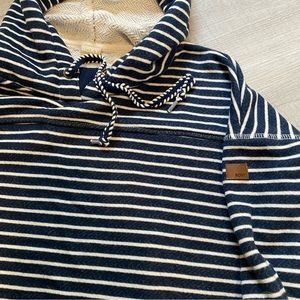 Roxy boxy hoodie L large navy white blue stripe sweatshirt thicker wrap back